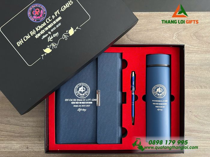 Bộ Quà Tặng (Sổ+ Bình+ Bút) Màu Xanh - In Khắc Logo Bệnh Viện Tim Mạch An Giang