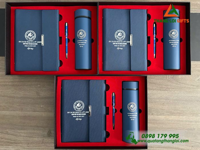 Bộ Quà Tặng (Sổ+ Bình+ Bút) Màu Xanh - In Khắc Logo Bệnh Viện Tim Mạch An Giang