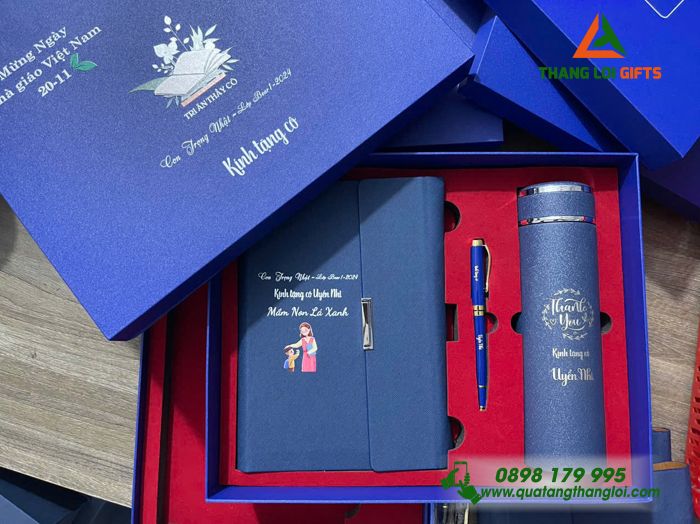 Bộ Quà Tặng Ý Nghĩa (Sổ+ Bình+ Bút) Màu Xanh - In Khắc Nội Dung Tri Ân Thầy Cô Giáo