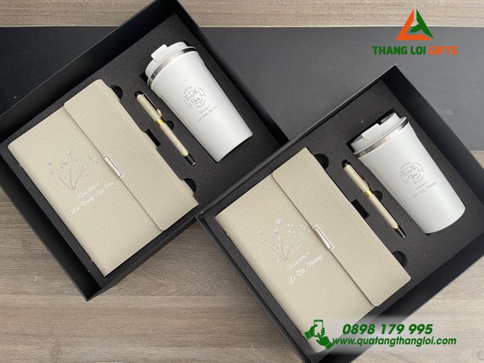 Set Quà Tặng (Sổ+ Ly+ Bút) Màu Trắng Kem - In Khắc Tên Làm Quà Tặng Tri Ân Thầy Cô