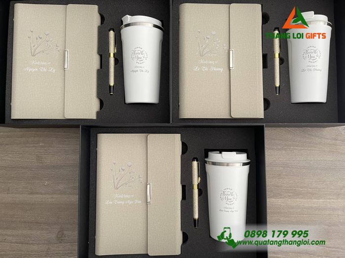 Set Quà Tặng (Sổ+ Ly+ Bút) Màu Trắng Kem - In Khắc Tên Làm Quà Tặng Tri Ân Thầy Cô