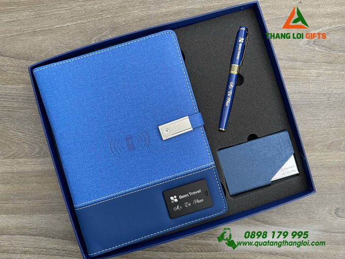 Combo Quà Tặng Cao Cấp (Sổ Đa Năng+ Hộp Namecard+ Bút Ký) Màu Xanh - In Khắc Logo Bees Travel Làm Quà Sinh Nhật