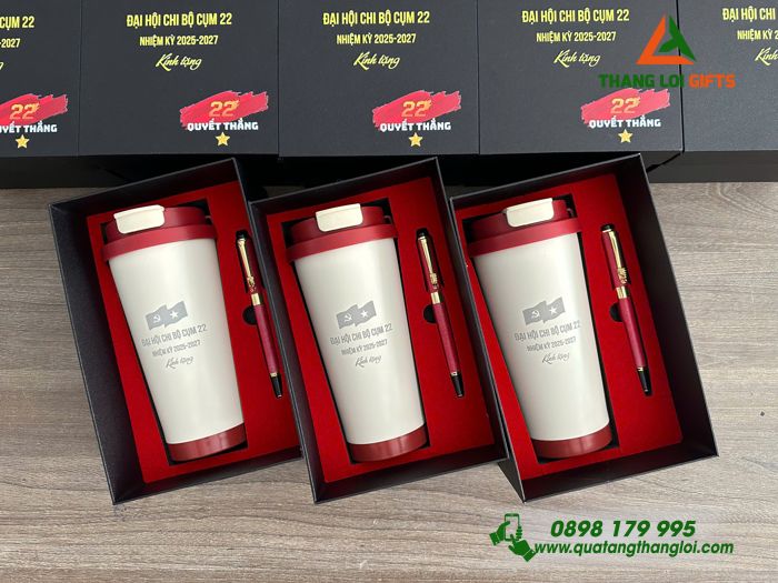 Combo Quà Tặng (Ly Giữ Nhiệt & Bút Ký) Màu Đỏ Sang Trọng - In khắc Logo Đại Hội Chi Bộ Cụm 22
