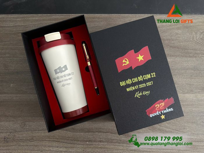 Combo Quà Tặng (Ly Giữ Nhiệt & Bút Ký) Màu Đỏ Sang Trọng - In khắc Logo Đại Hội Chi Bộ Cụm 22