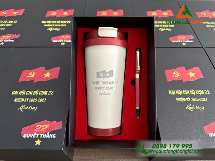 Combo Quà Tặng (Ly Giữ Nhiệt & Bút Ký) Màu Đỏ Sang Trọng - In khắc Logo Đại Hội Chi Bộ Cụm 22