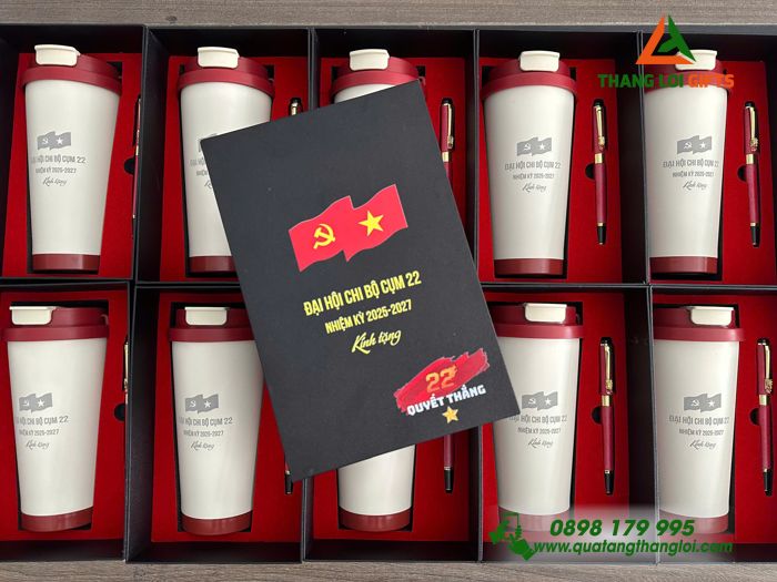 Combo Quà Tặng (Ly Giữ Nhiệt & Bút Ký) Màu Đỏ Sang Trọng - In khắc Logo Đại Hội Chi Bộ Cụm 22