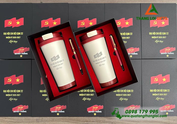Combo Quà Tặng (Ly Giữ Nhiệt & Bút Ký) Màu Đỏ Sang Trọng - In khắc Logo Đại Hội Chi Bộ Cụm 22