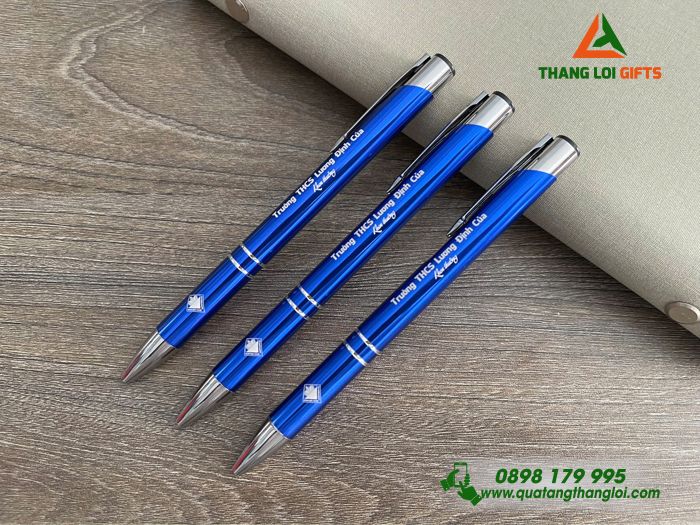 Bút Bi Kim Loại Bấm Màu Xanh - Khắc Logo Trường THCS Lương Định Của