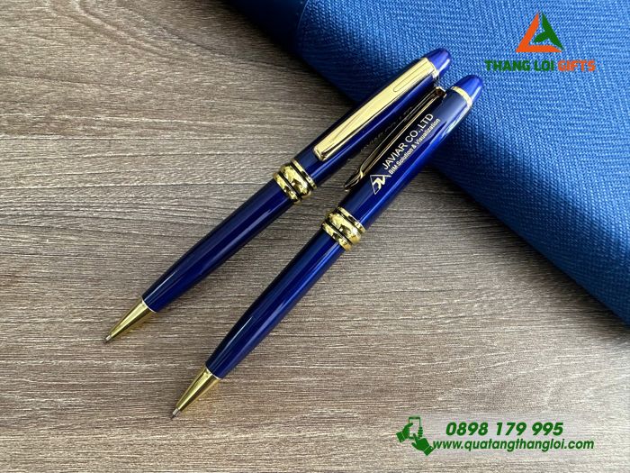 Bút Ký Kim Loại Xoay Màu Xanh Khoen Vàng - Khắc Logo Doanh Nghiệp JAVIAR