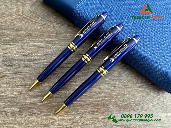 Bút Ký Kim Loại Xoay Màu Xanh Khoen Vàng - Khắc Logo Doanh Nghiệp JAVIAR