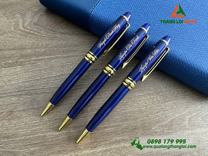 Bút Ký Kim Loại Xoay Màu Xanh Khoen Vàng - Khắc Logo Doanh Nghiệp JAVIAR