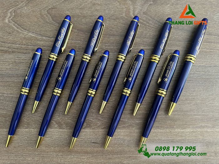 Bút Ký Kim Loại Xoay Màu Xanh Khoen Vàng - Khắc Logo Doanh Nghiệp JAVIAR