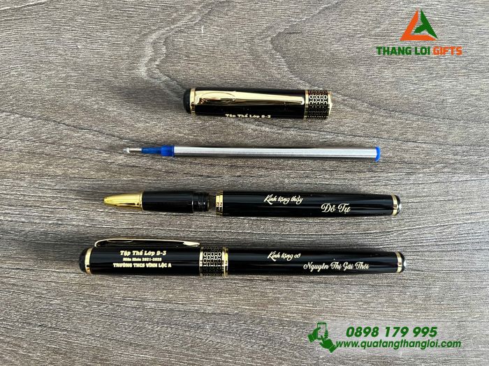 Bút Ký Kim Loại Màu Đen Khoen Vàng - Khắc Logo Trường THCS Vĩnh Lộc A