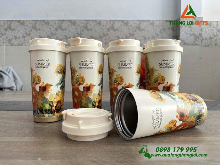 Ly Giữ Nhiệt Coffe 530ml Màu Trắng Kem - In Họa Tiết Hoa Hướng Dương - Khắc Logo, Nội Dung
