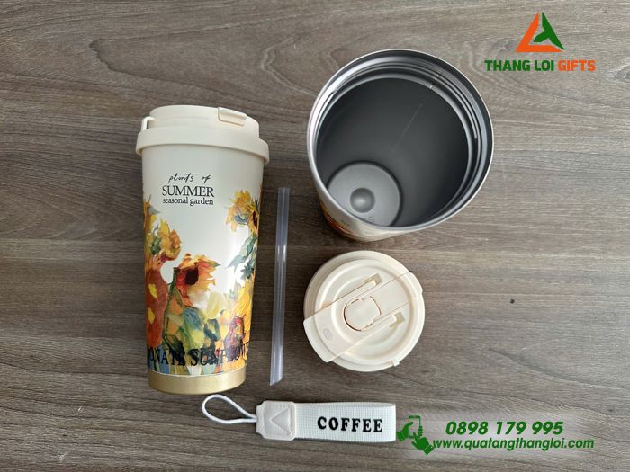 Ly Giữ Nhiệt Coffe 530ml Màu Trắng Kem - In Họa Tiết Hoa Hướng Dương - Khắc Logo, Nội Dung