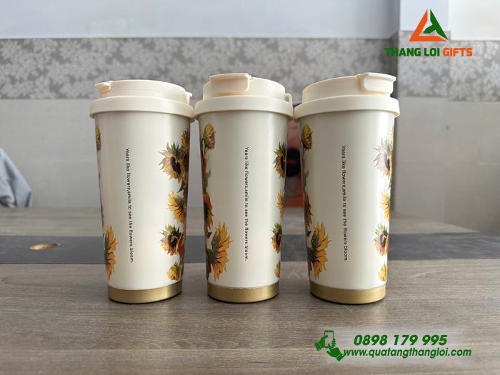 Ly Giữ Nhiệt Coffe 530ml Màu Trắng Kem - In Họa Tiết Hoa Hướng Dương - Khắc Logo, Nội Dung
