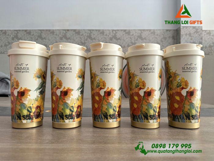 Ly Giữ Nhiệt Coffe 530ml Màu Trắng Kem - In Họa Tiết Hoa Hướng Dương - Khắc Logo, Nội Dung
