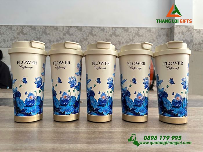 Ly Giữ Nhiệt Coffe 530ml Màu Trắng Kem - In Họa Tiết Hoa Sen - Khắc Logo, Nội Dung Theo Yêu Cầu