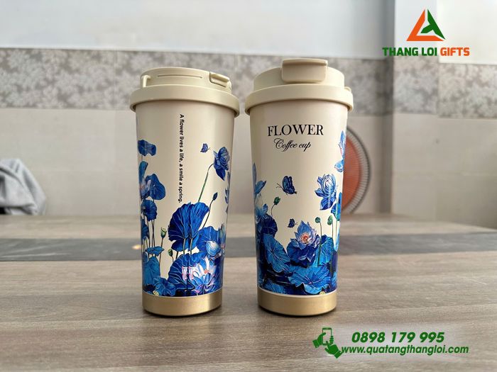 Ly Giữ Nhiệt Coffe 530ml Màu Trắng Kem - In Họa Tiết Hoa Sen - Khắc Logo, Nội Dung Theo Yêu Cầu