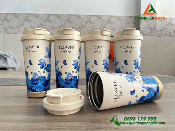 Ly Giữ Nhiệt Coffe 530ml Màu Trắng Kem - In Họa Tiết Hoa Sen - Khắc Logo, Nội Dung Theo Yêu Cầu