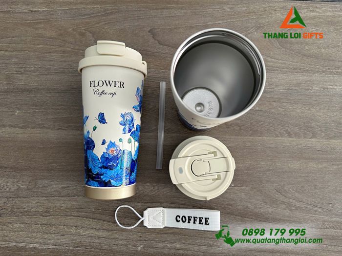 Ly Giữ Nhiệt Coffe 530ml Màu Trắng Kem - In Họa Tiết Hoa Sen - Khắc Logo, Nội Dung Theo Yêu Cầu