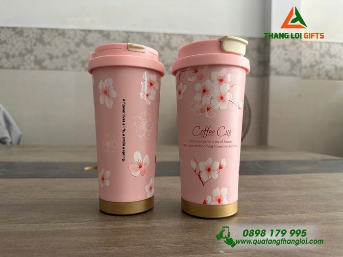 Ly Giữ Nhiệt Coffe 530ml Màu Hồng - In Họa Tiết Hoa Anh Đào