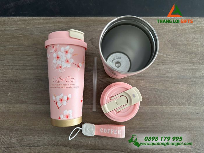 Ly Giữ Nhiệt Coffe 530ml Màu Hồng - In Họa Tiết Hoa Anh Đào