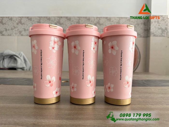 Ly Giữ Nhiệt Coffe 530ml Màu Hồng - In Họa Tiết Hoa Anh Đào