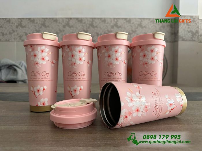 Ly Giữ Nhiệt Coffe 530ml Màu Hồng - In Họa Tiết Hoa Anh Đào