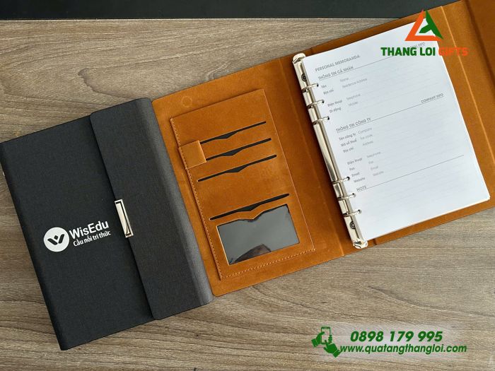 Sổ Tay Bìa Còng Gập 3 Màu Đen - Ép Kim Logo WisEdu