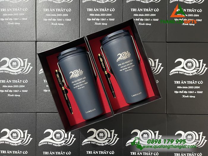 Combo Quà Tặng (Ly Giữ Nhiệt Lock&Lock+ Bút Ký) - In Khắc Logo Kỷ Niệm 20 Năm Trường THPT Nguyễn Huệ