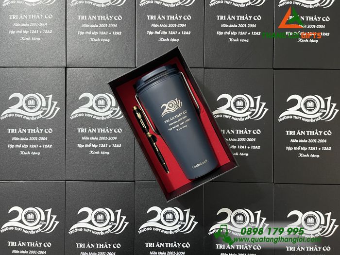 Combo Quà Tặng (Ly Giữ Nhiệt Lock&Lock+ Bút Ký) - In Khắc Logo Kỷ Niệm 20 Năm Trường THPT Nguyễn Huệ
