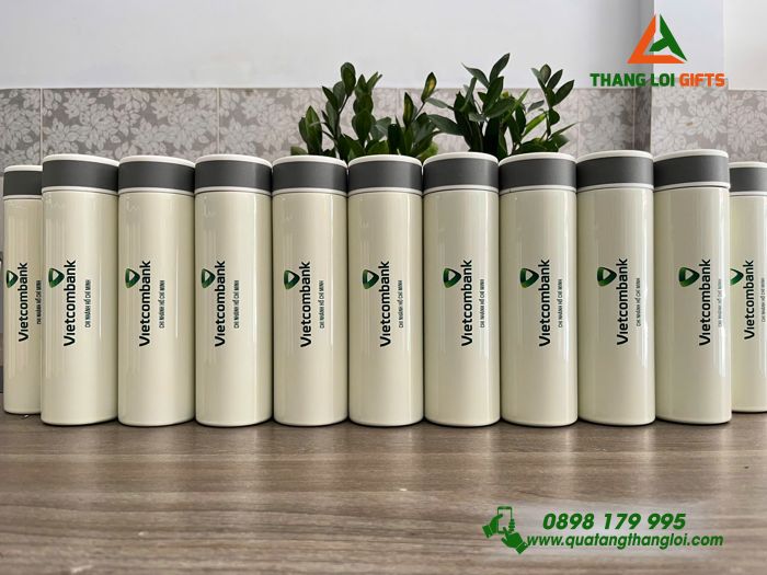 Bình Giữ Nhiệt Hiện Đèn Led Màu Trắng Kem - In Logo Vietcombank