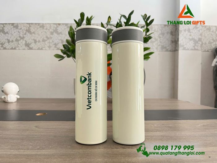 Bình Giữ Nhiệt Hiện Đèn Led Màu Trắng Kem - In Logo Vietcombank