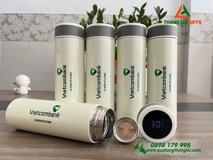 Bình Giữ Nhiệt Hiện Đèn Led Màu Trắng Kem - In Logo Vietcombank