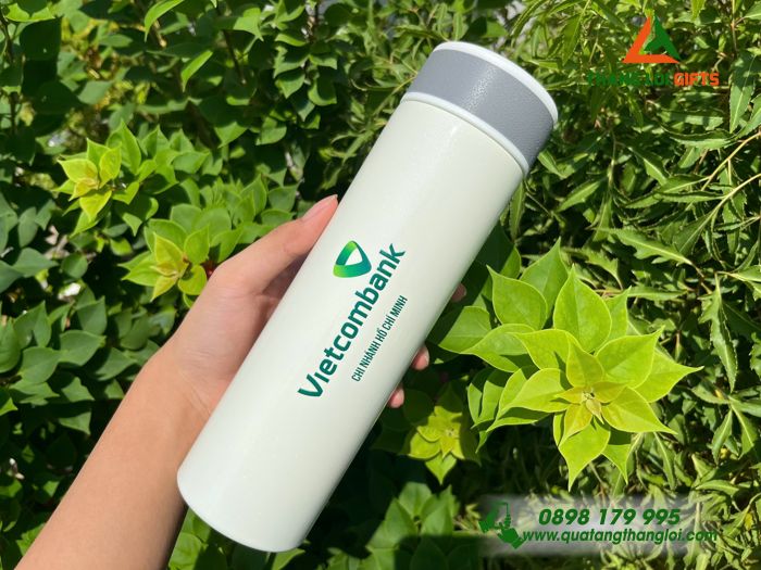 Bình Giữ Nhiệt Hiện Đèn Led Màu Trắng Kem - In Logo Vietcombank