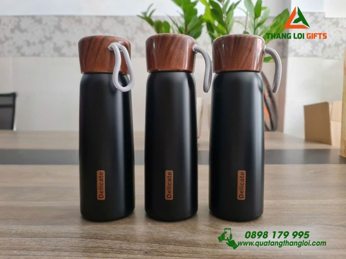 Bình Giữ Nhiệt Nắp Vân Gỗ Màu Đen 500ml - Khắc Nội Dung Tri Ân Thầy Cô