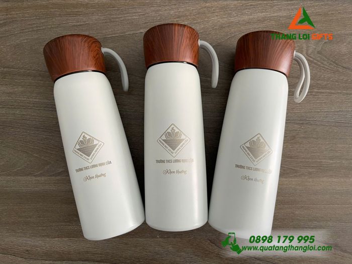 Bình Giữ Nhiệt Màu Trắng Nắp Vân Gỗ - Khắc Logo THCS Lương Định Của