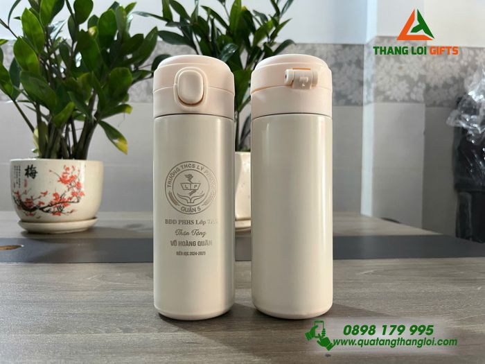 Bình Giữ Nhiệt 450ml Màu Kem - In Khắc Logo Trường THCS Lý Phong
