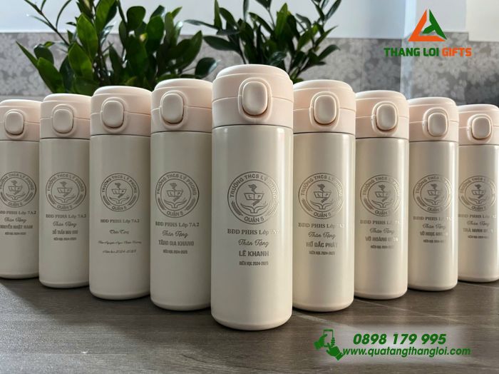 Bình Giữ Nhiệt 450ml Màu Kem - In Khắc Logo Trường THCS Lý Phong
