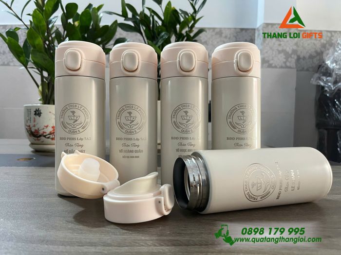 Bình Giữ Nhiệt 450ml Màu Kem - In Khắc Logo Trường THCS Lý Phong