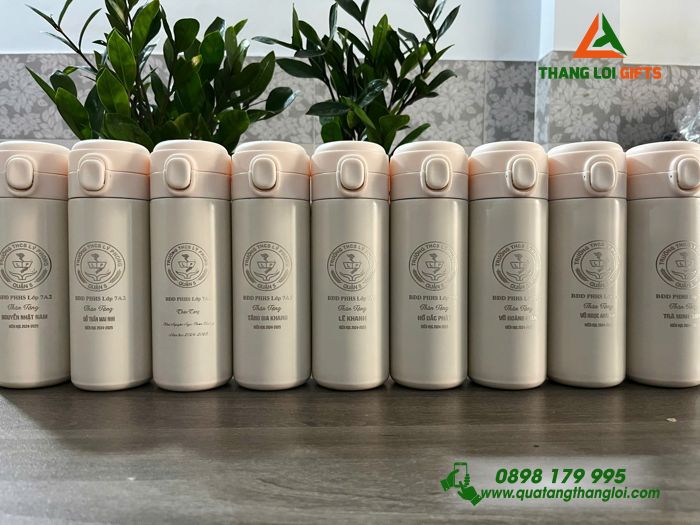 Bình Giữ Nhiệt 450ml Màu Kem - In Khắc Logo Trường THCS Lý Phong