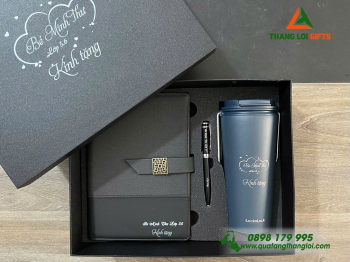 Set Quà Tặng (Sổ+ Ly Lock&Lock+ Bút) Màu Đen - In Khắc Tên Làm Quà Tặng Tri Ân