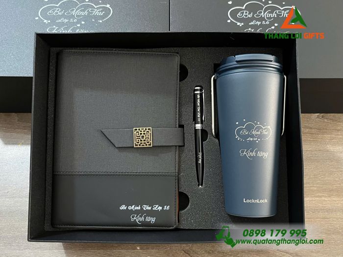 Set Quà Tặng (Sổ+ Ly Lock&Lock+ Bút) Màu Đen - In Khắc Tên Làm Quà Tặng Tri Ân