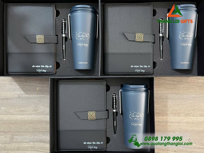 Set Quà Tặng (Sổ+ Ly Lock&Lock+ Bút) Màu Đen - In Khắc Tên Làm Quà Tặng Tri Ân