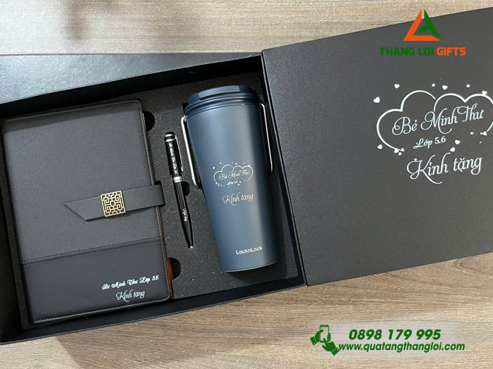 Set Quà Tặng (Sổ+ Ly Lock&Lock+ Bút) Màu Đen - In Khắc Tên Làm Quà Tặng Tri Ân