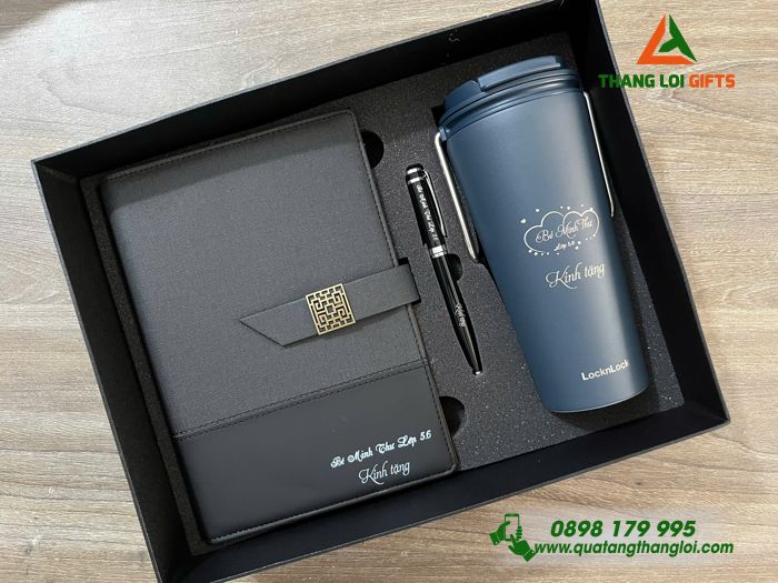 Set Quà Tặng (Sổ+ Ly Lock&Lock+ Bút) Màu Đen - In Khắc Tên Làm Quà Tặng Tri Ân