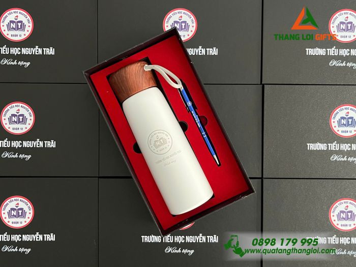 Combo Quà Tặng (Bình Giữ Nhiệt & Bút Bi) - In Khắc Logo Trường Tiểu Học Nguyễn Trãi
