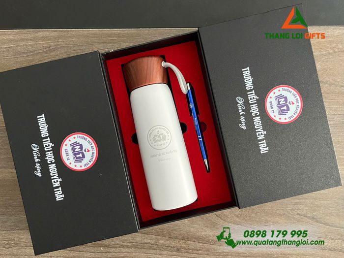 Combo Quà Tặng (Bình Giữ Nhiệt & Bút Bi) - In Khắc Logo Trường Tiểu Học Nguyễn Trãi