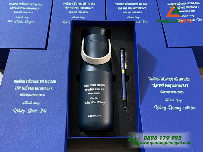 Set Quà Tặng (Bình Giữ Nhiệt Lock&Lock+ Bút Ký) Màu Xanh - In Khắc Tên Trường Tiểu Học Võ Thị Sáu